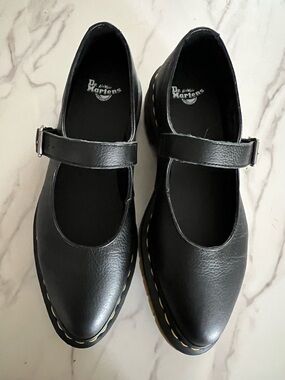Dr. Martens Black Elphie Mary Jane Shoes with Yellow Stitching